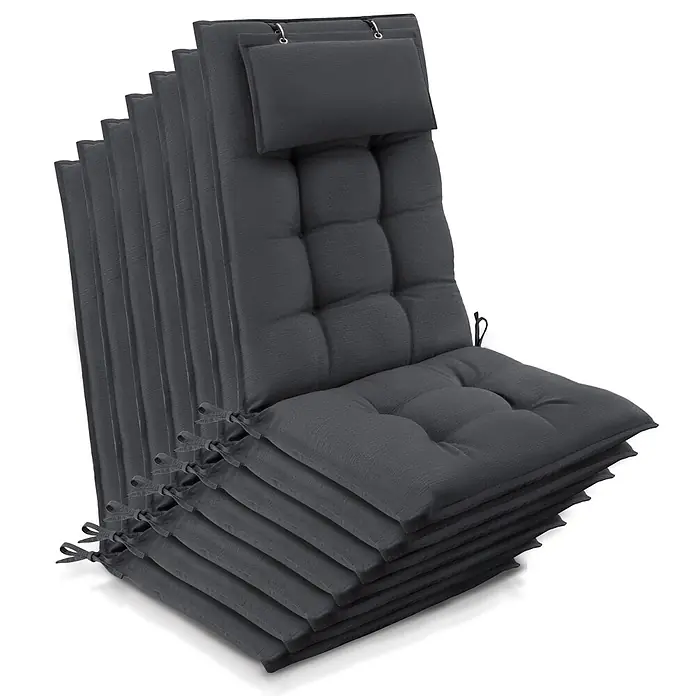 Beautissu Sitzauflage Sun-HL - Hochlehner, 7 Stk., Polyester, Anthrazit - Stapel mehrerer dunkelgrauer, gesteppter Stuhlkissen mit Kopfstützen und Bändern.