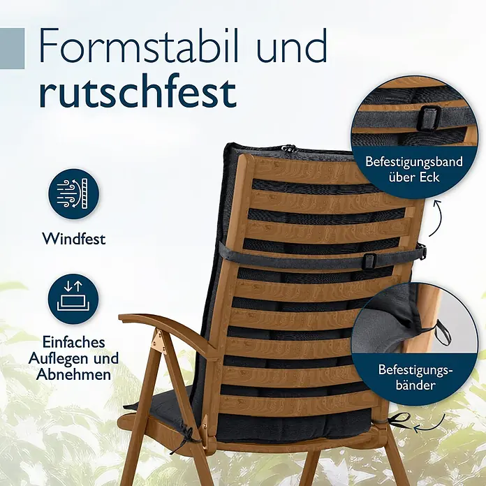 Beautissu Sitzauflage Sun-HL - Hochlehner, 5 Stk., L x B x H: 120 x 50 x 8 cm, Polyester, Anthrazit - Dunkelgraues Gartenstuhlpolster mit Befestigungsbändern auf Holzstuhl.