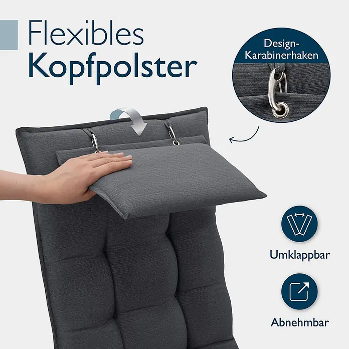 Beautissu Sitzauflage Sun-HL - Hochlehner, 5 Stk., L x B x H: 120 x 50 x 8 cm, Polyester, Anthrazit - Dunkelgraues flexibles Kopfpolster mit Karabinerhaken, von Hand verstellbar. Es ist umklappbar und abnehmbar.