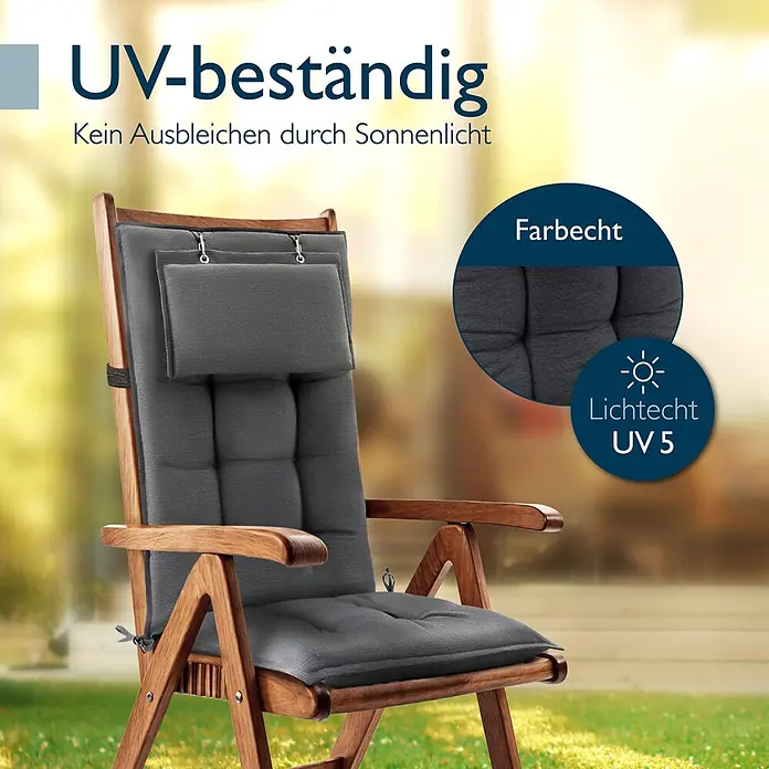 Beautissu Sitzauflage Sun-HL - Hochlehner, 5 Stk., L x B x H: 120 x 50 x 8 cm, Polyester, Anthrazit - Dunkelgraue, UV-beständige Gartenstuhlauflagen mit Kopfstütze auf Holzliege.