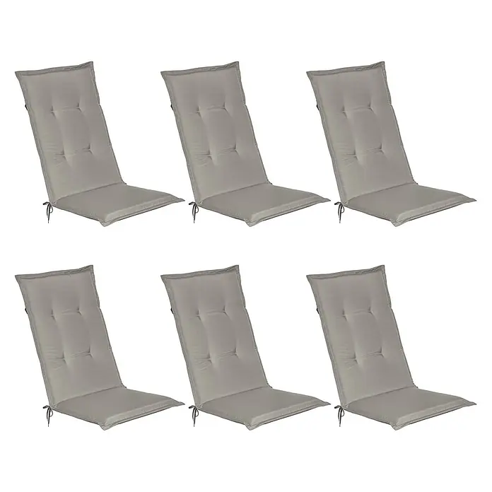 Beautissu Sitzauflage Loft HL - Hochlehner, 6 Stk., L x B x H: 120 x 6 x 50 cm, Polyester, Hellgrau - Sechs graue, getuftete Stuhlkissen mit Bändern zum Befestigen an Stühlen.