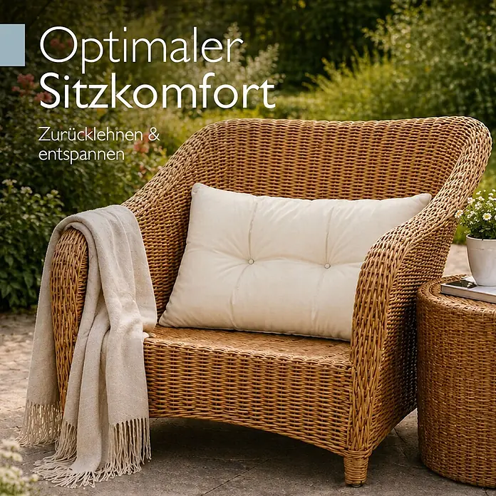 Beautissu Sitzauflage XLuna - Outdoor Lounge, 1 Stk., Polyester, Natur - Korbsessel mit cremefarbenem Kissen und beiger Decke im Garten, für optimalen Sitzkomfort.