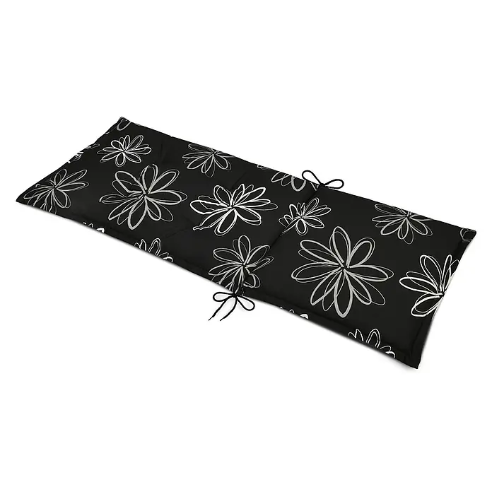 Beautissu Sitzauflage Flores - Hochlehner, 1 Stk., L x B x H: 120 x 50 x 6 cm, Baumwolle, Polyester, Mehrfarbig - Schwarzes Gartenpolster mit weißem, abstraktem Blumenmuster und Bindebändern.