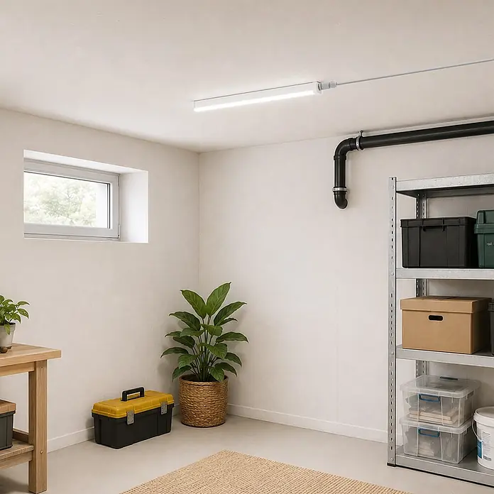 REV LED-Lichtleiste Quatroline - L x B x H: 60 x 3,1 x 4,1 cm, Lichtfarbe: Neutralweiß, 10 W, 230 V - Weißes, lineares LED-Licht an der Decke eines Hauswirtschaftsraums, das den Raum hell beleuchtet.