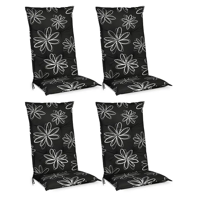 Beautissu Sitzauflage Flores - Hochlehner, 4 Stk., Baumwolle, Polyester, Mehrfarbig - Vier schwarze Stuhlkissen mit weißem Blumenmuster, gepolstert und gesteppt.