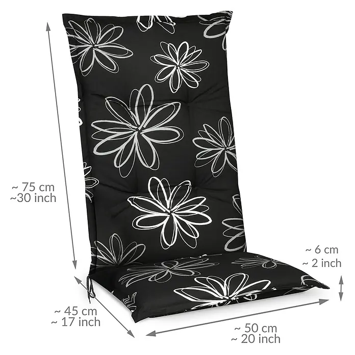 Beautissu Sitzauflage Flores - Hochlehner, 1 Stk., L x B x H: 120 x 50 x 6 cm, Baumwolle, Polyester, Mehrfarbig - Schwarzes Hochlehner-Kissen mit weißem Blumenmuster, ca. 75x45x6 cm (30x17x2 Zoll) und 50 cm (20 Zoll) Sitztiefe.