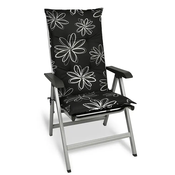 Beautissu Sitzauflage Flores - Hochlehner, 1 Stk., L x B x H: 120 x 50 x 6 cm, Baumwolle, Polyester, Mehrfarbig - Klappbarer Gartenstuhl aus silbernem Metall mit schwarzem Kissen und weißem Blumenmuster.