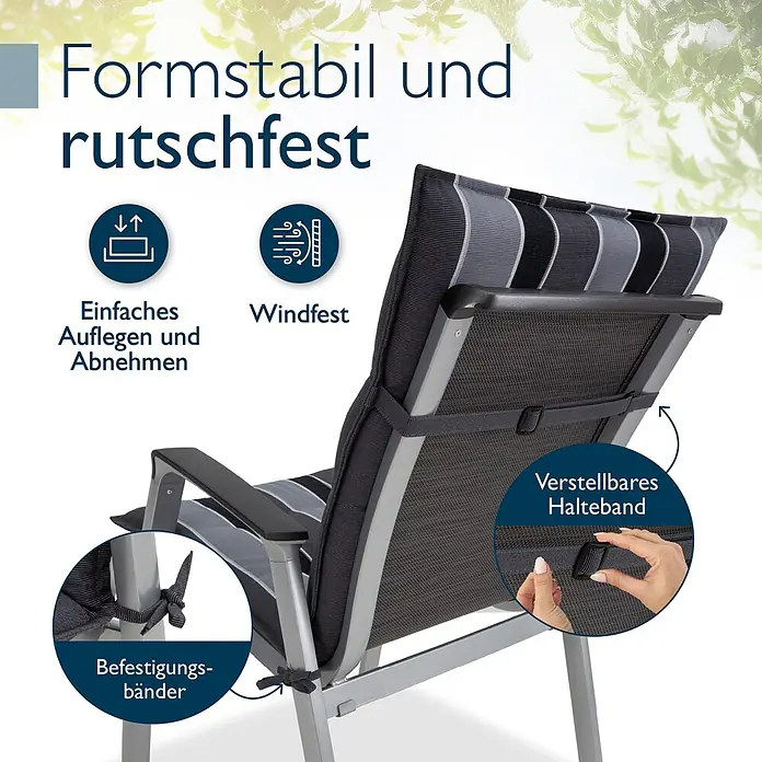 Beautissu Sitzauflage Sun-NL - Niederlehner, 5 Stk., Polyester, Anthrazit - Gestreiftes Liegestuhlkissen mit Befestigungsbändern und verstellbarem Halteband, formstabil und windfest.