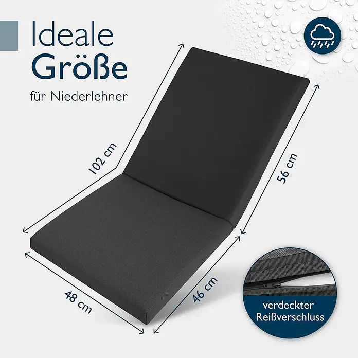 Beautissu Sitzauflage QD-NL - Niederlehner, 1 Stk., L x B x H: 105 x 48 x 5 cm, Polyester, Anthrazit - Dunkelgraues zweiteiliges Stuhlkissen für Niederlehner, mit Maßen von 102x48 cm (Rücken) und 56x46 cm (Sitz), inklusive verdecktem Reißverschluss.