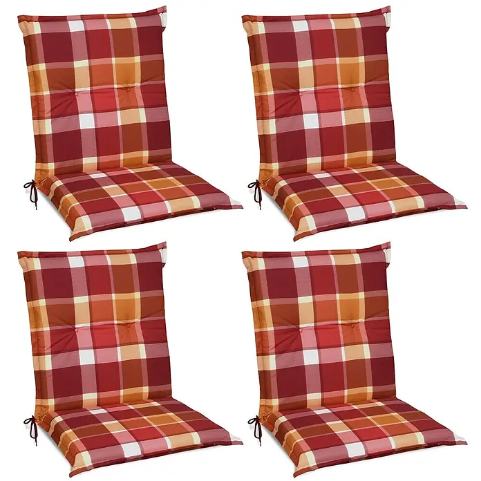 Beautissu Sitzauflage Sunny NL - Niederlehner, 4 Stk., Polyester, Rot - Vier rot-orange-creme karierte Stuhlkissen mit Bändern zur Befestigung.