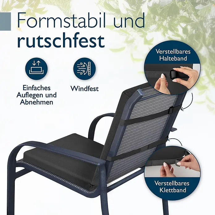Beautissu Sitzauflage QD-NL - Niederlehner, 1 Stk., L x B x H: 105 x 48 x 5 cm, Polyester, Anthrazit - Dunkelgrauer Gartenstuhl mit schwarzem Kissen, das verstellbare Halte- und Klettbänder für Stabilität und Windfestigkeit besitzt.
