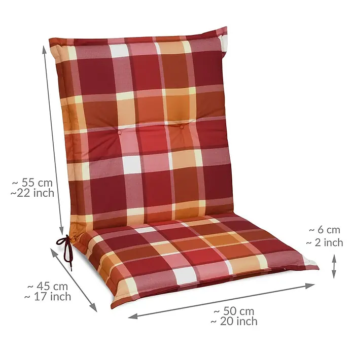 Beautissu Sitzauflage Sunny NL - Niederlehner, 2 Stk., Polyester, Rot - Kariertes Stuhlkissen in Rot, Orange und Weiß mit Rücken- und Sitzteil, Steppung und Maßen.