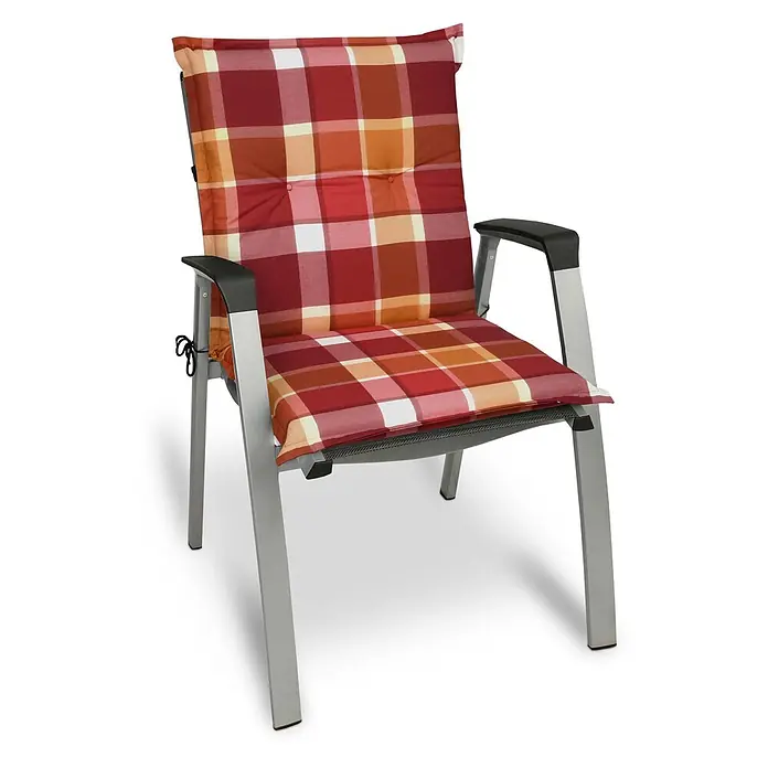 Beautissu Sitzauflage Sunny NL - Niederlehner, 2 Stk., Polyester, Rot - Gartenstuhl mit silbergrauem Gestell, schwarzen Armlehnen und einem gepolsterten rot-orange-weißen Karokissen.