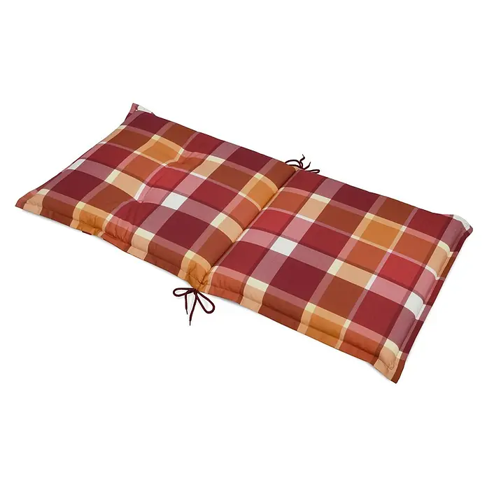 Beautissu Sitzauflage Sunny NL - Niederlehner, 2 Stk., Polyester, Rot - Kariertes Gartenkissen in Rot, Orange und Weiß mit Bindebändern.