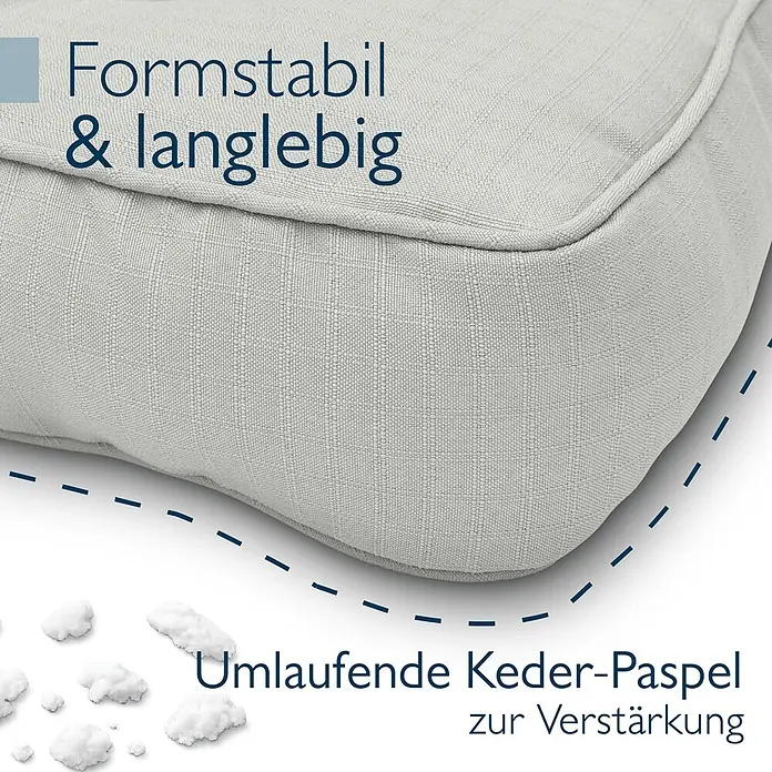 Beautissu Sitzauflage XLuna - Outdoor Lounge, 2 Stk., L x B x H: 50 x 40 x 22 cm, Polyester, Hellgrau - Robustes, formstabiles hellgraues Kissen mit strukturierter Oberfläche und verstärkter Kederpaspel.