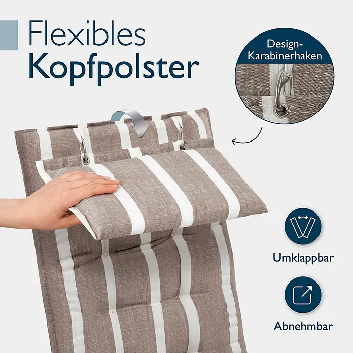 Beautissu Sitzauflage Sun-HL - Hochlehner, 3 Stk., L x B x H: 120 x 50 x 8 cm, Polyester, Weiß - Braunes und weiß gestreiftes flexibles Kopfpolster, das von einer Hand verstellt wird, zeigt sein klappbares und abnehmbares Design mit Karabinerhaken.