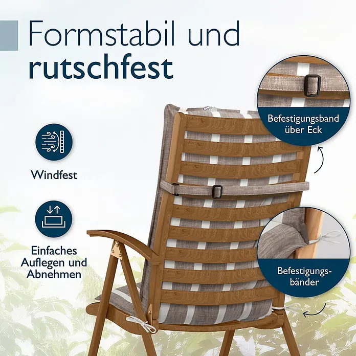 Beautissu Sitzauflage Sun-HL - Hochlehner, 3 Stk., L x B x H: 120 x 50 x 8 cm, Polyester, Weiß - Gestreifte braun-weiße Auflage auf Holz-Gartenstuhl, zeigt rutschfeste, windfeste Eigenschaften und einfache Befestigung mit Bändern.