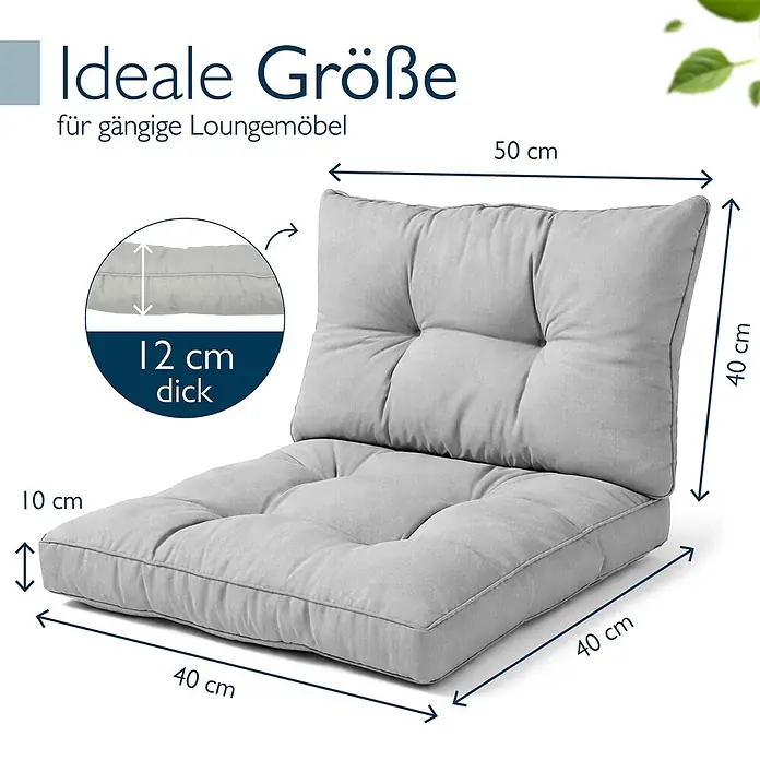 Beautissu Sitzauflage XLuna - Outdoor Lounge, 2 Stk., Polyester, Hellgrau - Hellgraues, getuftetes Lounge-Kissen-Set mit den Maßen: Sitz 40x40x10cm, Rücken 50x40x12cm. Ideal für Loungemöbel.