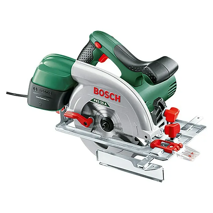 Bosch Handkreissäge PKS 55 A - 1.200 W, 5.600 U/min - Bosch PKS 55 A Handkreissäge mit grünen und roten Akzenten. Geeignet für präzise Holzschnitte in verschiedenen Anwendungen.