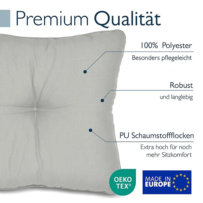 Beautissu Sitzauflage XLuna - Outdoor Lounge, 2 Stk., L x B x H: 70 x 70 x 22 cm, Polyester, Hellgrau - Helles graues getuftetes Kissen aus 100% Polyester mit PU-Schaumflocken für zusätzlichen Sitzkomfort. Robust und pflegeleicht.