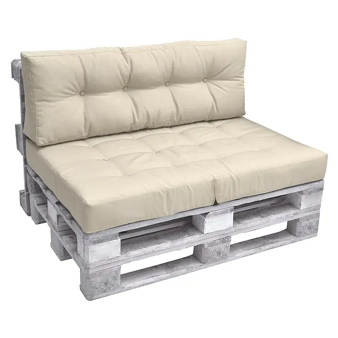 Beautissu Sitzauflage ECO Elements - Europalette, 1 Stk., Polyester, Natur - Palettensofa mit beigen getufteten Sitz- und Rückenkissen.