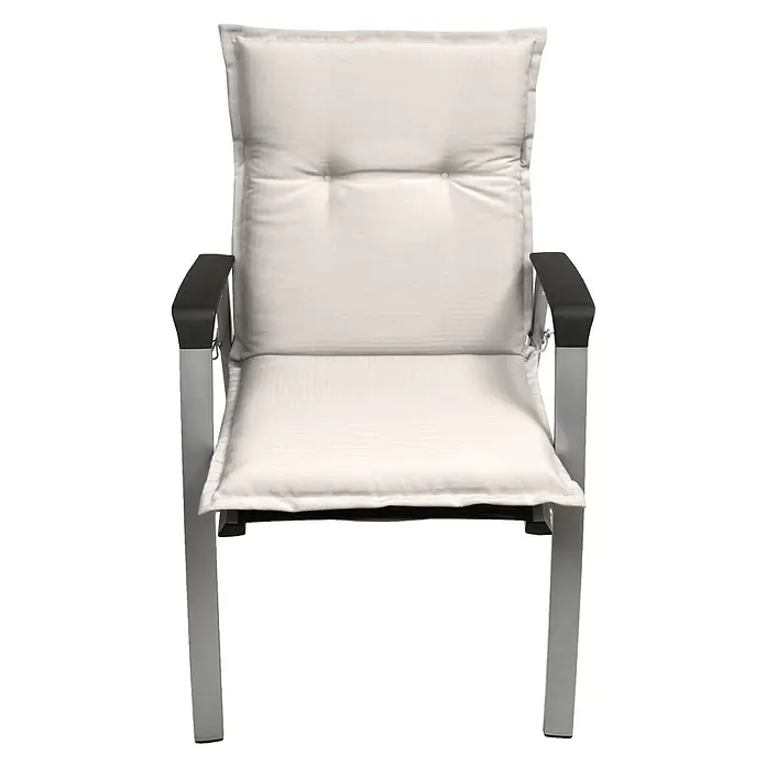 Beautissu Sitzauflage Base NL - Niederlehner, 1 Stk., Polyester, Natur - Cremefarbener gepolsterter Gartenstuhl mit silbernem Metallrahmen und dunklen Armlehnen.