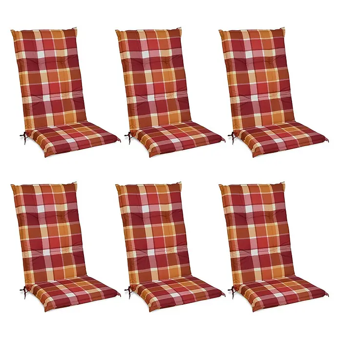 Beautissu Sitzauflage Sunny HL - Hochlehner, 6 Stk., Polyester, Rot - Set aus sechs karierten Stuhlkissen in Rot, Orange und Weiß, mit Steppung und Befestigungsbändern.