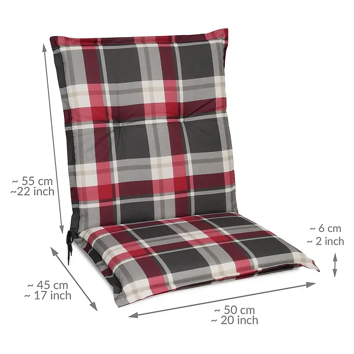 Beautissu Sitzauflage Sunny NL - Niederlehner, 4 Stk., L x B x H: 100 x 50 x 6 cm, Polyester, Bordeaux - Rot-grau-weiß-beige kariertes Stuhlkissen mit Rückenlehne, ca. 55x50 cm, 6 cm dick.