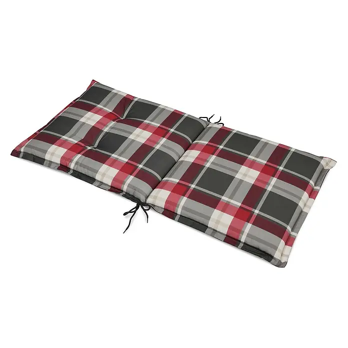 Beautissu Sitzauflage Sunny NL - Niederlehner, 4 Stk., L x B x H: 100 x 50 x 6 cm, Polyester, Bordeaux - Zweigeteiltes, getuftetes Kissen mit rot-grau-cremefarbenem Karomuster und schwarzen Bindebändern.