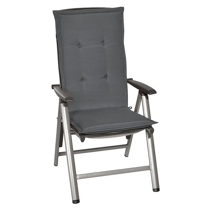 Beautissu Sitzauflage Loft HL - Hochlehner, 6 Stk., Polyester, Graphitgrau - Gepolsterter grauer Klappsessel mit silberfarbenem Metallrahmen und dunklen Armlehnen.
