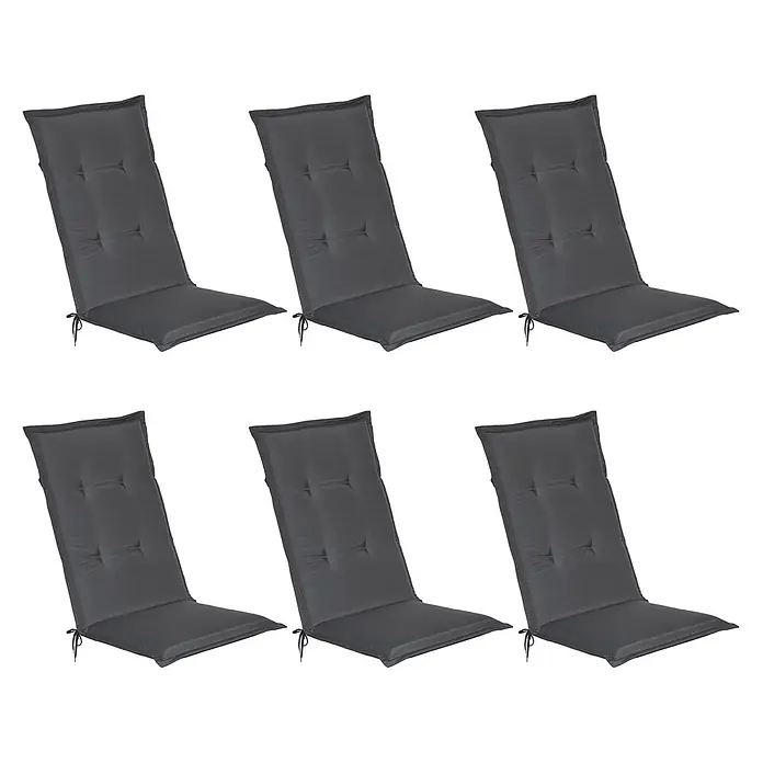 Beautissu Sitzauflage Loft HL - Hochlehner, 6 Stk., Polyester, Graphitgrau - Sechs dunkelgraue, getuftete Stuhlkissen mit Bändern.