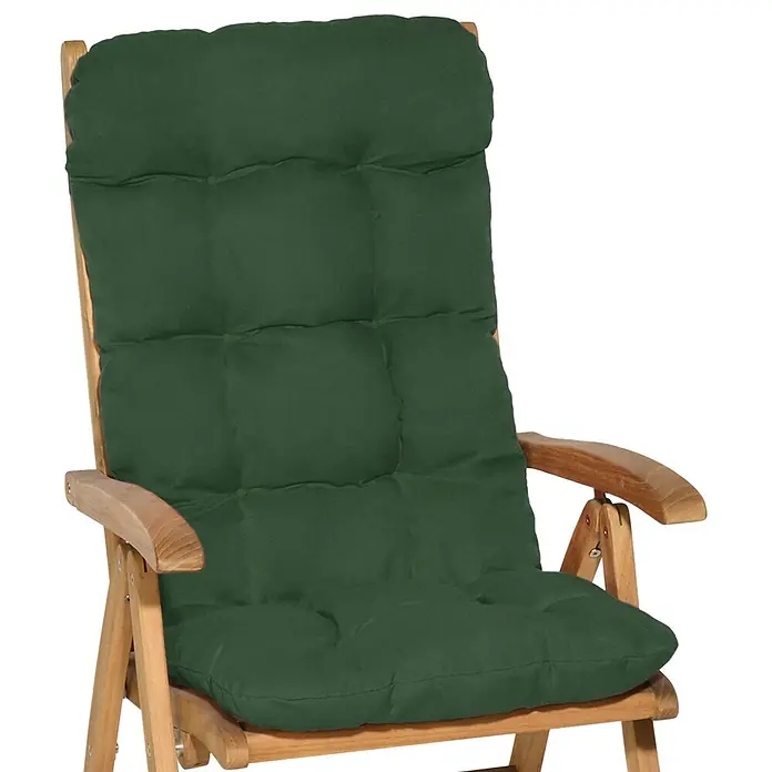 Beautissu Sitzauflage Flair HL - Hochlehner, 2 Stk., L x B x H: 120 x 50 x 8 cm, Polyester, Dunkelgrün - Hölzerner Gartenliegestuhl mit dunkelgrünem gestepptem Kissen.