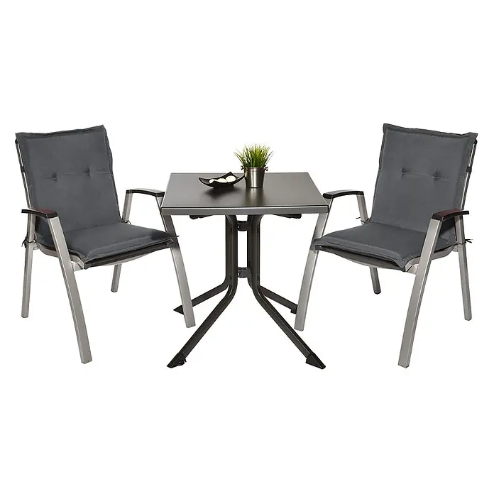 Beautissu Sitzauflage Loft Nl - Niederlehner, 4 Stk., L x B x H: 100 x 50 x 6 cm, Polyester, Graphitgrau - Dunkelgraues Terrassen-Bistro-Set mit quadratischem Tisch und zwei Stühlen mit silberfarbenen Gestellen und weichen Kissen.