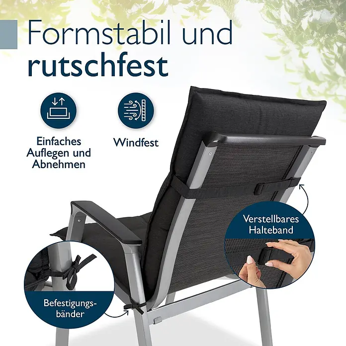 Beautissu Sitzauflage Sun-NL - Niederlehner, 1 Stk., Polyester, Anthrazit-Uni - Schwarzes, formstabiles Stuhlkissen mit rutschfester, windfester Ausführung auf einem silbernen Outdoor-Stuhl. Verfügt über verstellbares Halteband und Befestigungsbänder.