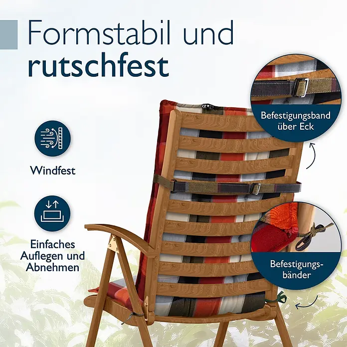 Beautissu Sitzauflage Sun-HL - Hochlehner, 1 Stk., L x B x H: 119 x 50 x 8 cm, Polyester, Orange-Beige-Kariert - Kariertes Outdoor-Stuhlkissen auf einem Holzstuhl, mit Gurt und Bändern befestigt. Es ist formstabil, rutschfest und windfest für einfache Nutzung.