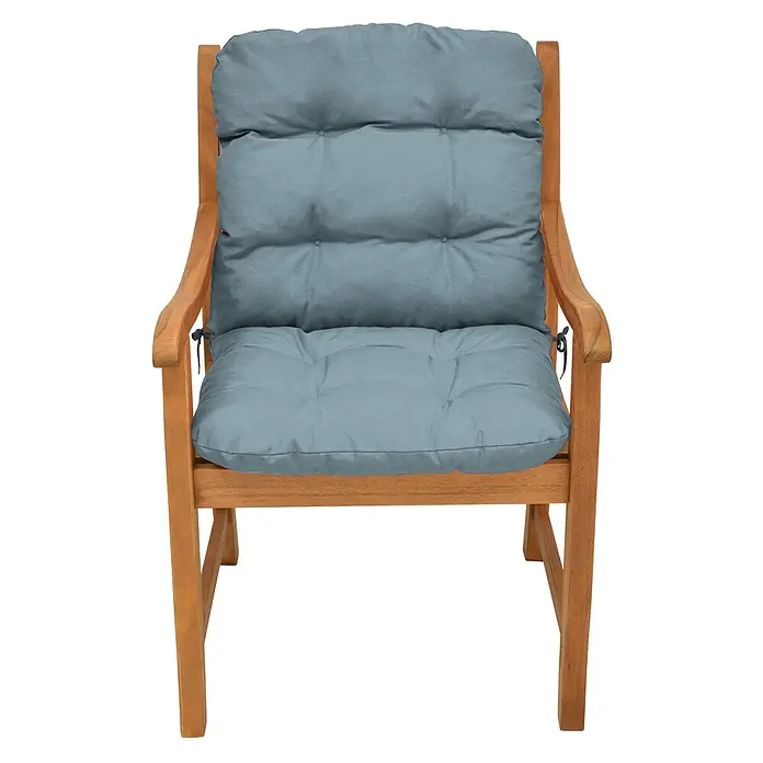 Beautissu Sitzauflage Flair NL - Niederlehner, 8 Stk., L x B x H: 100 x 50 x 8 cm, Polyester, Taubenblau - Gartenstuhl aus Holz mit hellblau-grauem, getuftetem Kissen und Befestigungsbändern.