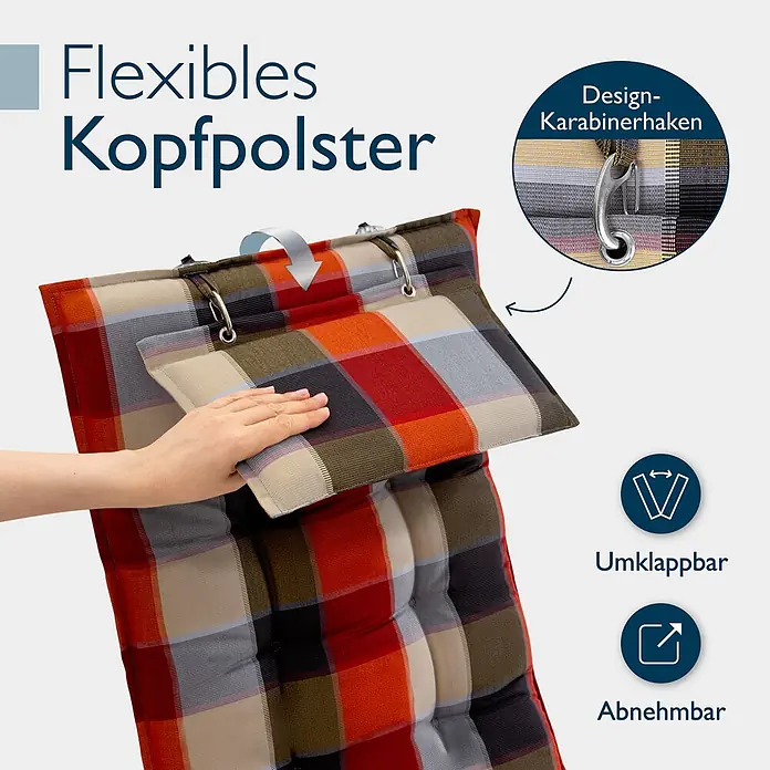 Beautissu Sitzauflage Sun-HL - Hochlehner, 1 Stk., L x B x H: 119 x 50 x 8 cm, Polyester, Orange-Beige-Kariert - Kariertes Polster in Rot, Orange, Schwarz, Beige, Grau, Oliv mit flexibler, abnehmbarer Kopfstütze, befestigt mit Karabinerhaken.