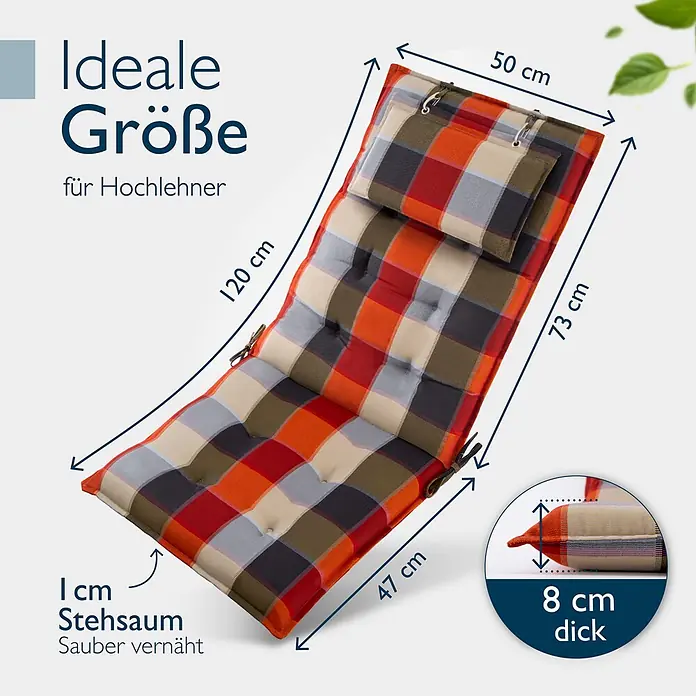 Beautissu Sitzauflage Sun-HL - Hochlehner, 1 Stk., L x B x H: 119 x 50 x 8 cm, Polyester, Orange-Beige-Kariert - Plaid-Hochlehner-Sitzkissen in Orange, Rot, Beige, Grau und dunklen Farben, 8 cm dick. Ideal für Hochlehnerstühle.