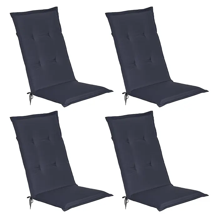 Beautissu Sitzauflage Loft Hl - Hochlehner, 4 Stk., L x B x H: 120 x 50 x 6 cm, Polyester, Dunkelblau - Vier dunkelgraue, getuftete Stuhlkissen mit Bändern.