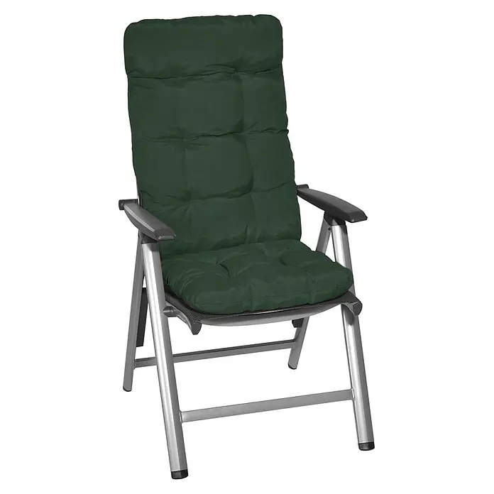 Beautissu Sitzauflage Flair HL - Hochlehner, 4 Stk., L x B x H: 120 x 50 x 8 cm, Polyester, Dunkelgrün - Dunkelgrüner gepolsterter Gartenstuhl mit silbernem Gestell und schwarzen Armlehnen.