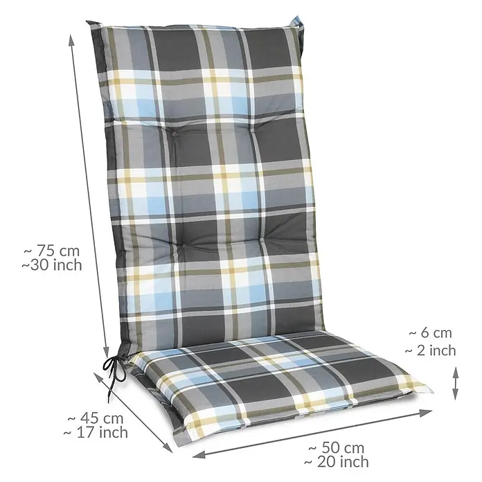 Beautissu Sitzauflage Sunny HL - Hochlehner, 4 Stk., Polyester, Blau - Kariertes Hochlehner-Sitzkissen in Grau, Blau, Weiß und Beige mit Knöpfen.
