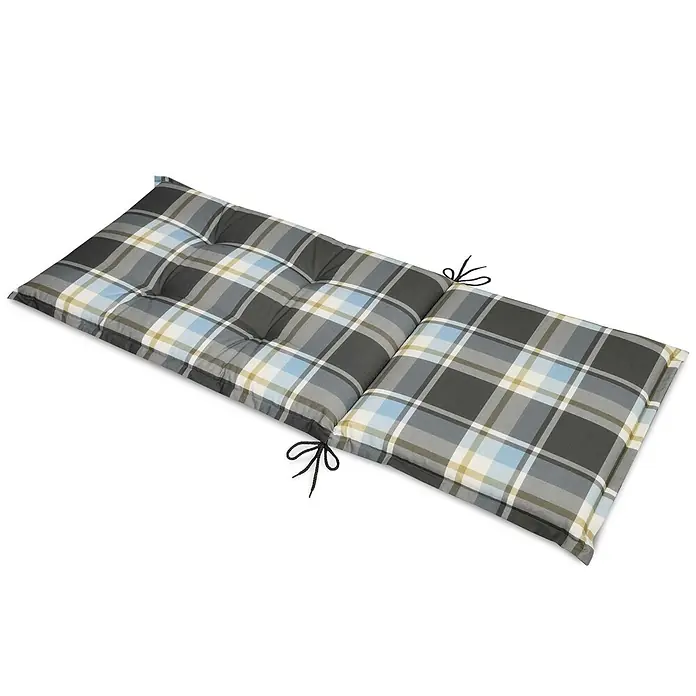 Beautissu Sitzauflage Sunny HL - Hochlehner, 4 Stk., Polyester, Blau - Kariertes Outdoor-Kissen in Grau, Blau und Gelb, mit Steppung und Befestigungsbändern.