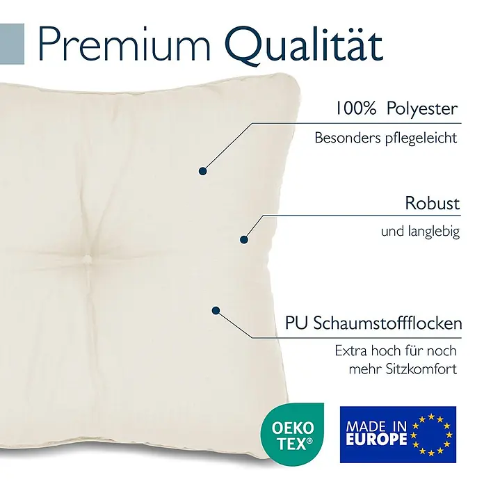 Beautissu Sitzauflage XLuna - Outdoor Lounge, 2 Stk., Polyester, Natur - Cremefarbenes Polyesterkissen mit PU-Schaumstoffflocken, robust, pflegeleicht und extra hoch für hohen Sitzkomfort.