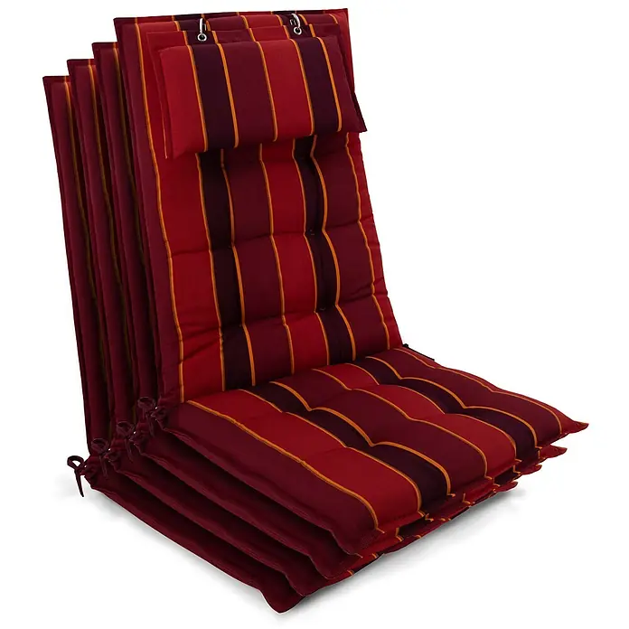 Beautissu Sitzauflage Sun-HL - Hochlehner, 4 Stk., Polyester, Rot-Anthrazit gestreift - Gestreiftes, faltbares und gestepptes Sitzkissen in Rot und Dunkelrot mit orangefarbenen Streifen, teilweise geneigt, mit Befestigungsringen.