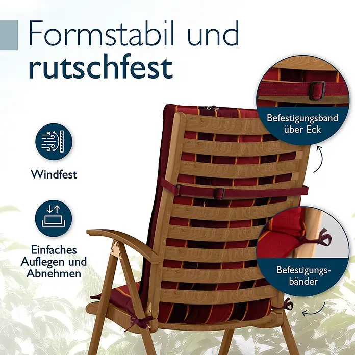 Beautissu Sitzauflage Sun-HL - Hochlehner, 8 Stk., L x B x H: 120 x 50 x 8 cm, Polyester, Rot-Anthrazit gestreift - Rotes, gelb gestreiftes Gartenstuhl-Sitzkissen mit Befestigungsbändern und -schlaufen an Holzstuhl.