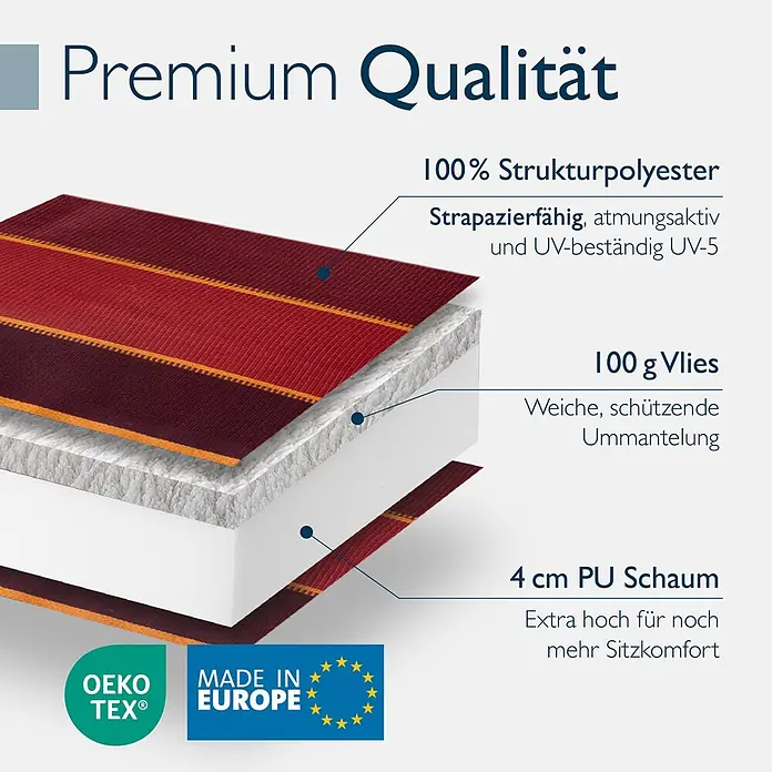 Beautissu Sitzauflage Sun-NL - Niederlehner, 7 Stk., L x B x H: 100 x 50 x 8 cm, Polyester, Rot - Schichtaufbau eines Premium-Sitzpolsters: gestreifter Polyesterbezug, Vlies und 4cm PU-Schaum. OEKO-TEX® und Made in Europe Logos.