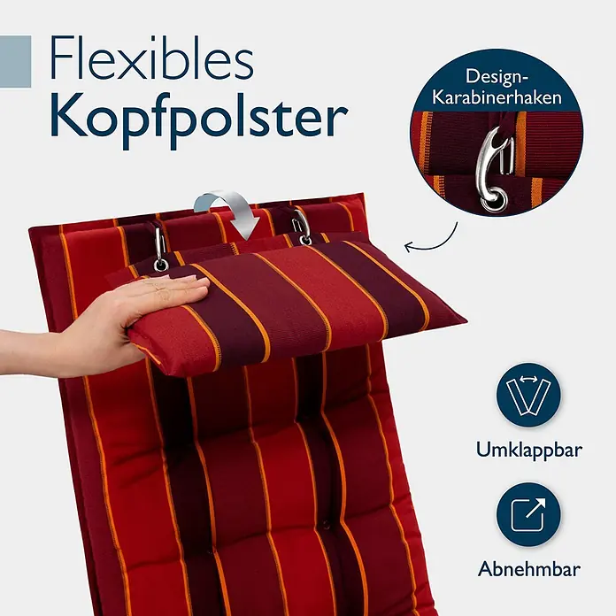 Beautissu Sitzauflage Sun-HL - Hochlehner, 1 Stk., Polyester, rot-gestreift - Rotes und weinrotes gestreiftes Outdoor-Kissen mit verstellbarem, abnehmbarem Kopfpolster und Karabinerhaken.