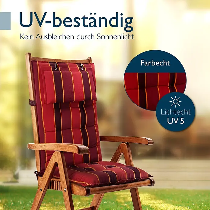 Beautissu Sitzauflage Sun-HL - Hochlehner, 8 Stk., L x B x H: 120 x 50 x 8 cm, Polyester, Rot-Anthrazit gestreift - Klappbarer Holz-Gartenstuhl mit gestepptem, rot-bordeaux gestreiften Kissen, UV-beständig für den Außenbereich.