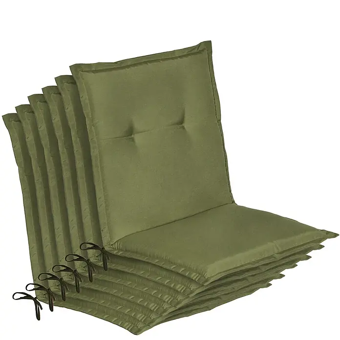 Beautissu Sitzauflage Loft Nl - Niederlehner, 6 Stk., L x B x H: 0 x 0 x 0 cm, Polyester, Olivgrün - Ein Stapel mehrerer olivgrüner Stuhlkissen mit getufteten Details und seitlichen Bändern.