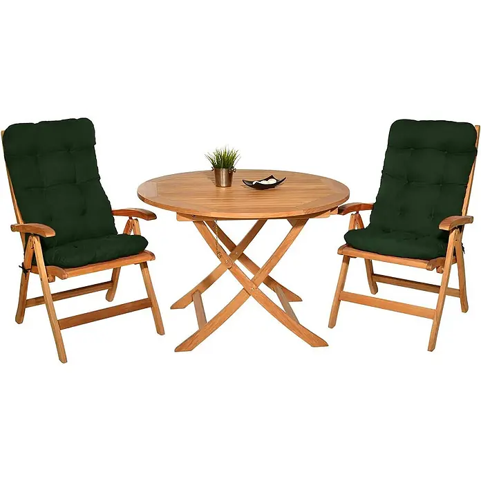 Beautissu Sitzauflage Flair HL - Hochlehner, 6 Stk., L x B x H: 120 x 50 x 8 cm, Polyester, Dunkelgrün - Garten-Esstischgruppe: runder klappbarer Holztisch und zwei Klappstühle mit dunkelgrünen Polstern.